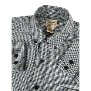 LL Bean 298276 Traditional Fit Blue Green White Houndstooth Flannel Men's M Reg